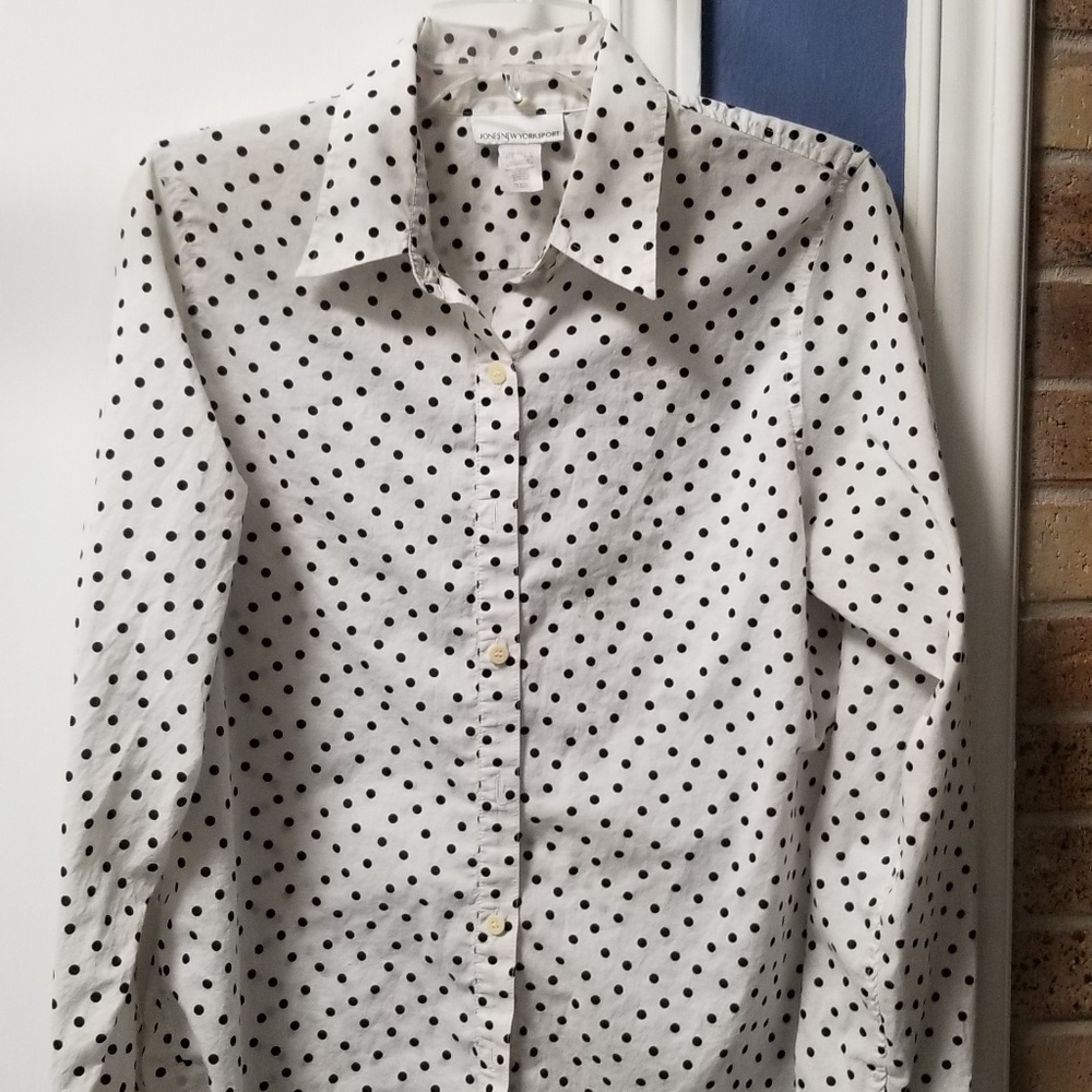 Jones New York Cotton Sport Button Front Shirt White Black Polka Dots